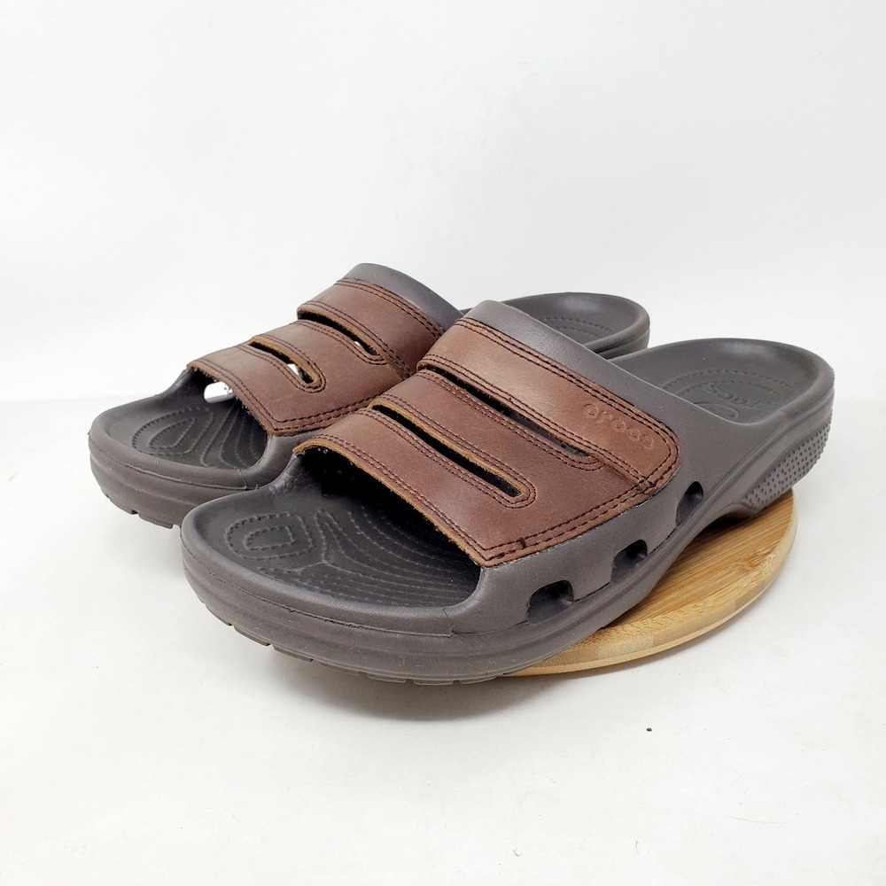Crocs Yukon Mesa Slide Sandals Mens 9 Brown Leather Slip On Shoes - Picture 5 of 13
